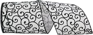 Reliant Ribbon Black And White Swirl Linen Wired Edge Ribbon, 4 Inch X 10 Yards, Black/white