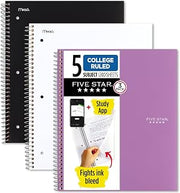 Five Star Spiral Notebooks + Study App, 3 Pack, 5 Subject, College Ruled Paper, 200 Sheets, 11" x 8-1/2", School, Wired, Black, White, Amethyst Purple (38500)