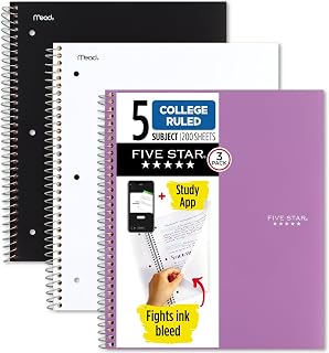 Five Star Spiral Notebooks + Study App, 3 Pack, 5 Subject, College Ruled Paper, 200 Sheets, 11" x 8-1/2", School, Wired, Black, White, Amethyst Purple (38500)