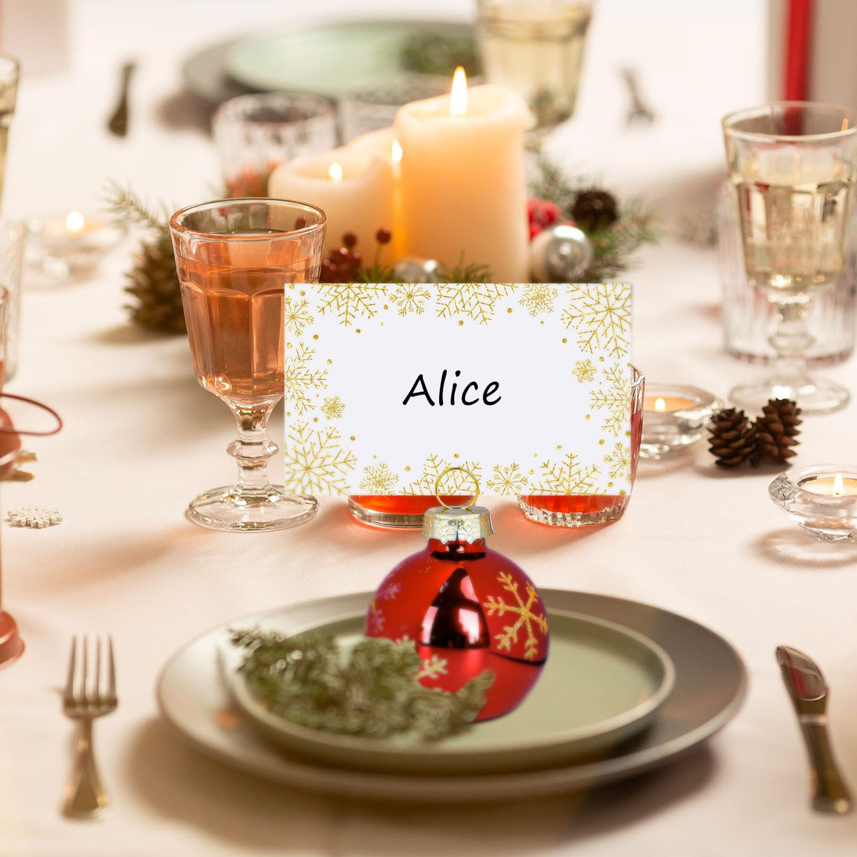 Whaline Christmas Place Card Holders, Red Ball Ornament with Gold Snowflakes, 12 Pack