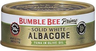 Bumble Bee Prime Solid White Albacore Tuna in Olive Oil, 5 oz Easy Open Can - Premium Wild Caught Tuna - 30g Protein per Serving - Non-GMO Project Verified, Gluten Free, Kosher