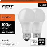 Feit Electric A19 LED Light Bulbs, 100W Equivalent, 1500 Lumens, Soft White 2700K, 15W, 11,000-Hour Lifespan, General Purpose Indoor/Commercial Use, A1600/827/10KLED/2, 2 Pack