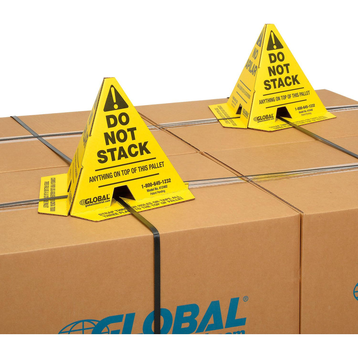 Trilingual "Do Not Stack" Printed Pallet Cones by Global Industrial – 8 x 8 x 10, Corrugated Cardboard, Yellow, Model 412402