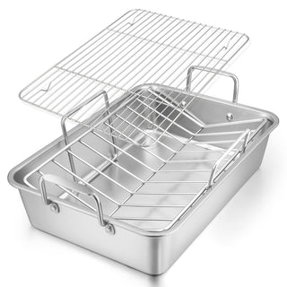 E-far Stainless Roaster with Racks, 16 by 11.5 Inch, Silver Large
