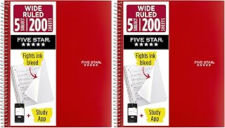 Five Star Spiral Notebook + Study App, 5 Subject, Wide Ruled Paper, Fights Ink Bleed, Water Resistant Cover, 8" x 10-1/2", 200 Sheets, Fire Red (72041) (Pack of 2)