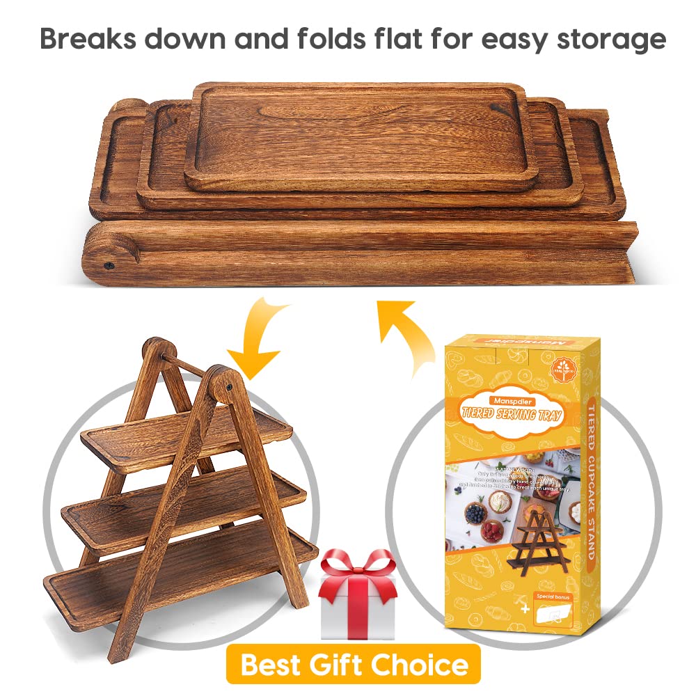 Manspdier Wood 3 Tier Serving Tray, Collapsible Ladder Stand, Brown