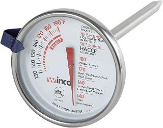 Winco 2" Dial Clear Meat Thermometer | Accurate temperature readings from 130° to 190°F, Long probe for deep cuts, Foodservice