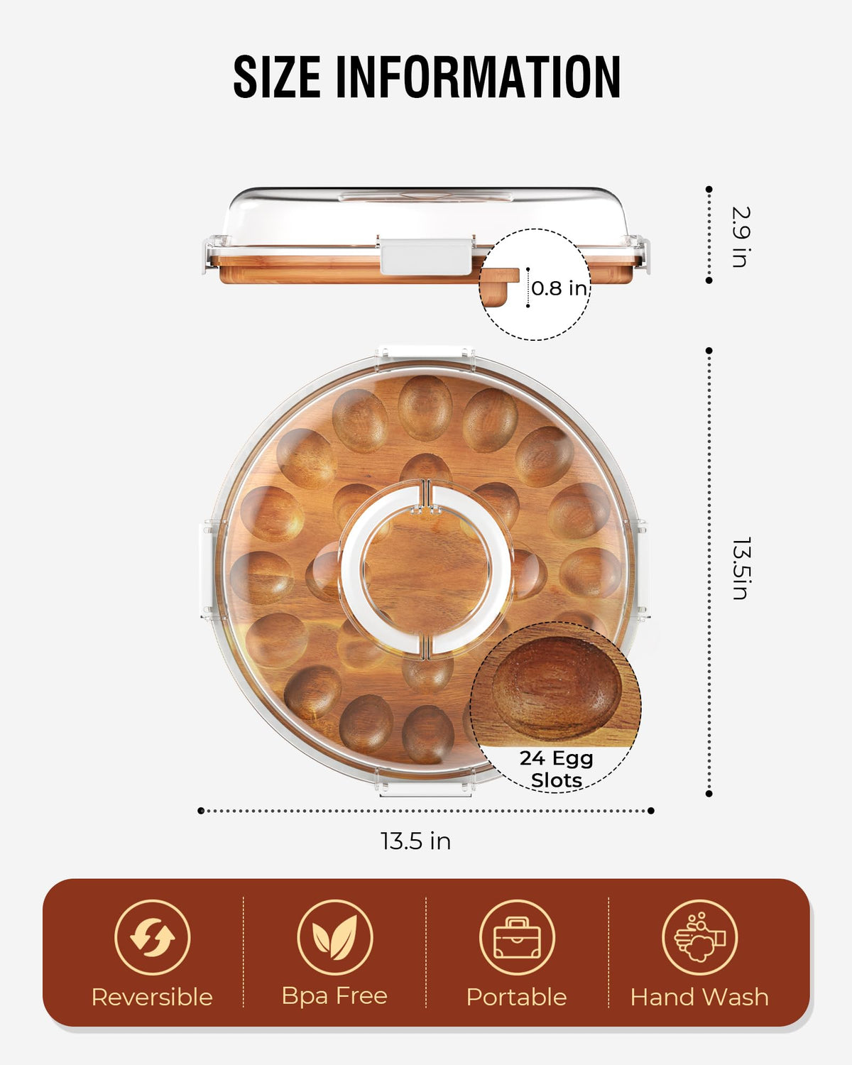 Renmxj Deviled Egg Tray with Lid, Acacia Wood Base, 24 Slots, White