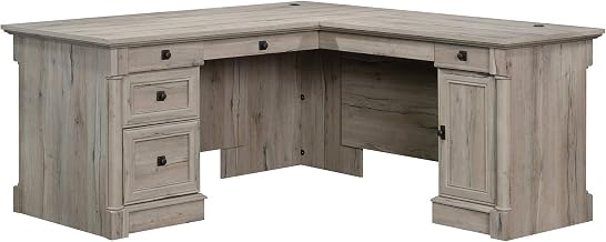 Sauder Palladia L Shaped Desk with Drawers, Office Desk with File Cabinet Storage, Cable Management, Keyboard Tray, in Split Oak finish