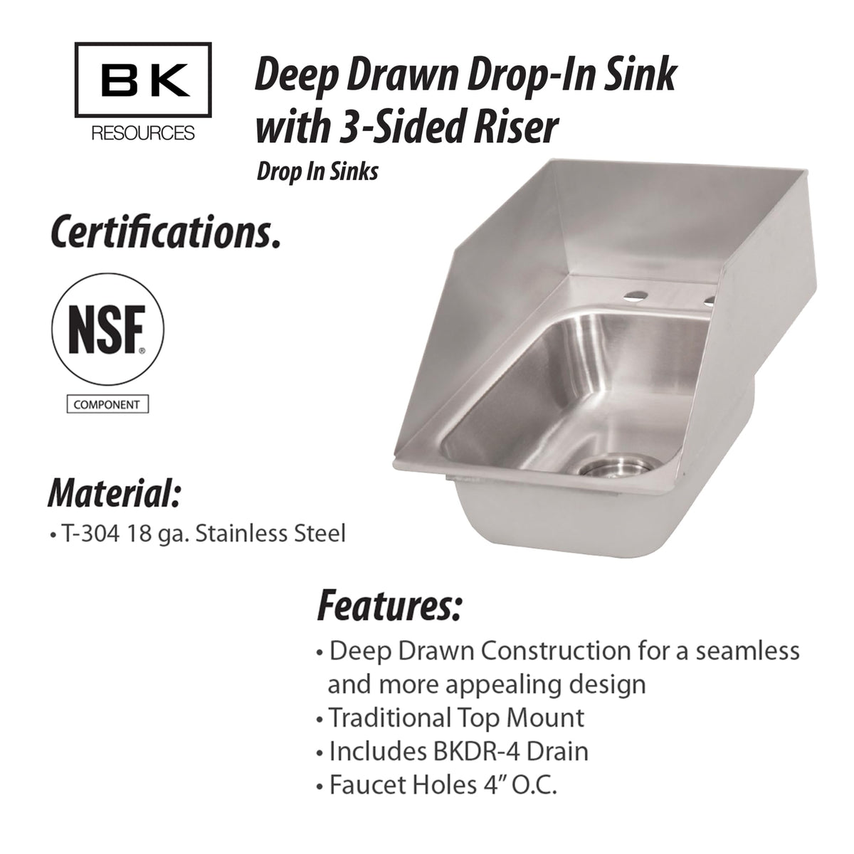 BK Resources NSF Commercial One Compartment Drop in Sink – 10" x 14" x 5", Stainless Steel, Silver, Model DDI-1014524S