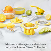 Juicer Citrus 3 in 1 by Tovolo – 5.67" Tall, 1.5 cups, Silicone Lid, Plastic Base, Yellow, Model 1001027