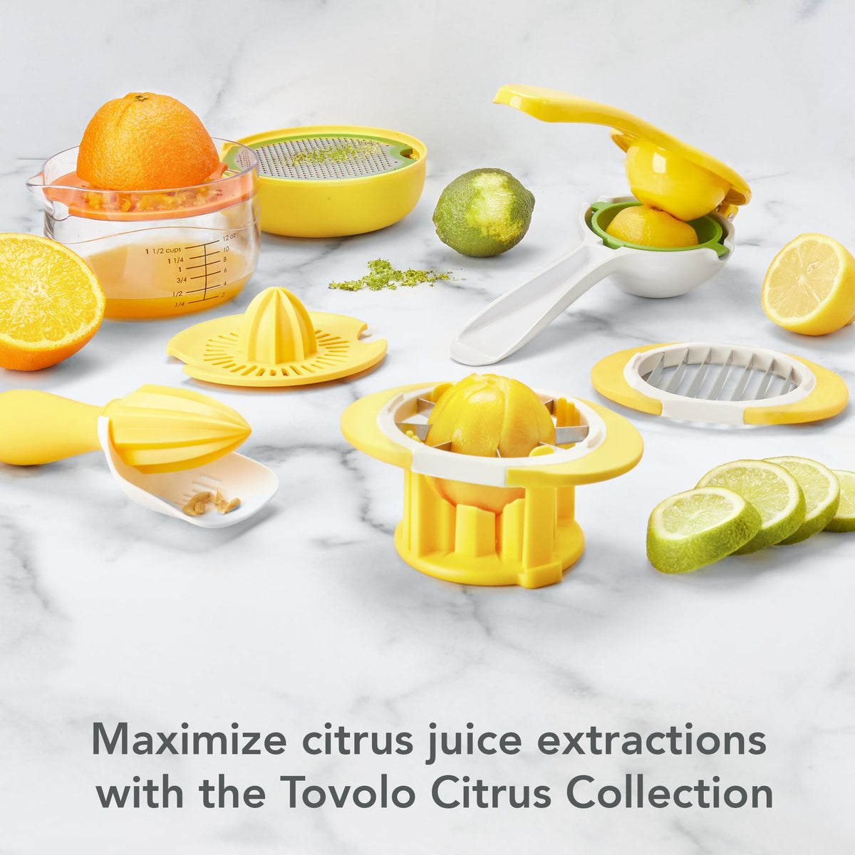 Juicer Citrus 3 in 1 by Tovolo – 5.67" Tall, 1.5 cups, Silicone Lid, Plastic Base, Yellow, Model 1001027