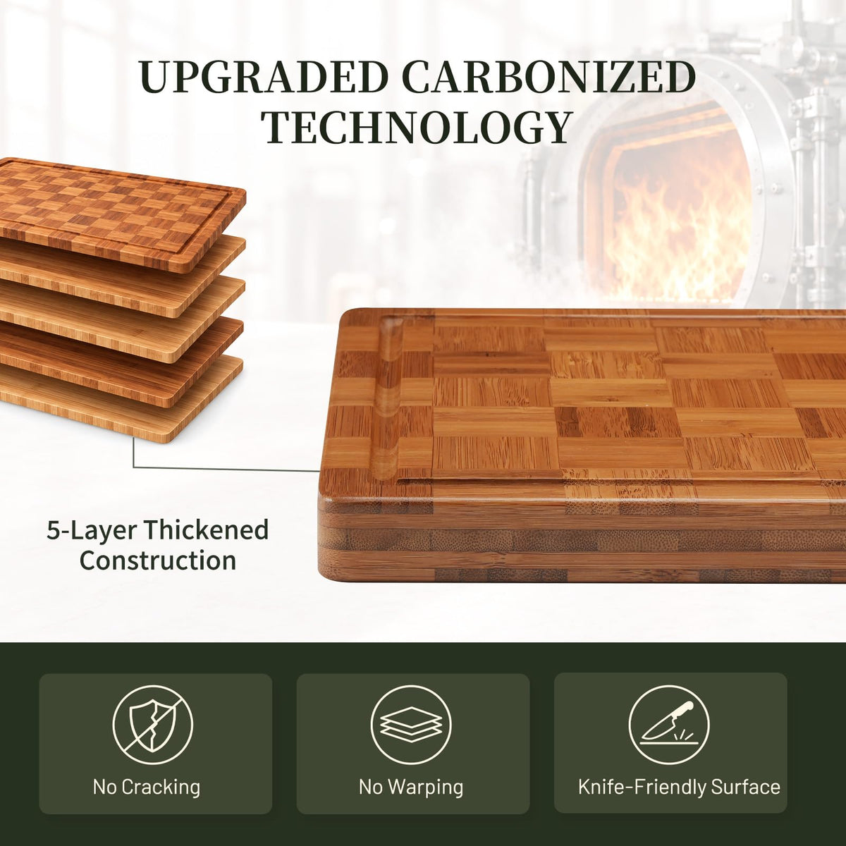 Kikcoin Bamboo Cutting Board Set, 3 Sizes with Rack, Natural Wood