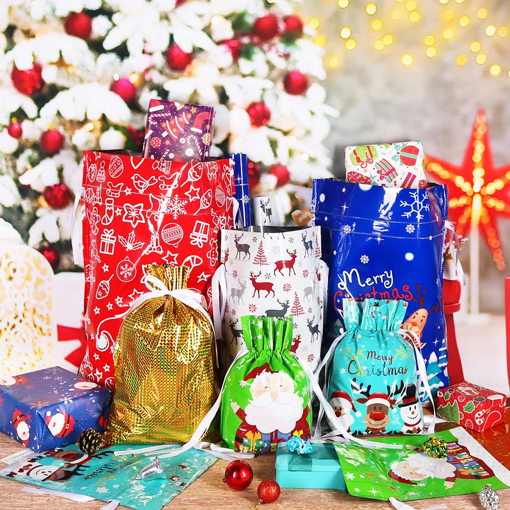 HRX Package Christmas Drawstring Gift Bags, 30 Count in 4 Sizes, Assorted Foil Designs