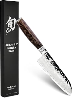 Shun Premier 5.5" Santoku Knife, Handcrafted and Hand-Sharpened Japanese All Purpose Knife, VG-MAX Core with Damascus Stainless Steel Cladding, Pakkawood Handle, Versatile Japanese Cutting Tool