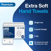 Tork Extra Soft Multifold Hand Towels White with Blue Leaf Print – H2 Dispenser Compatible 16 Packs x 94 Towels (101298)