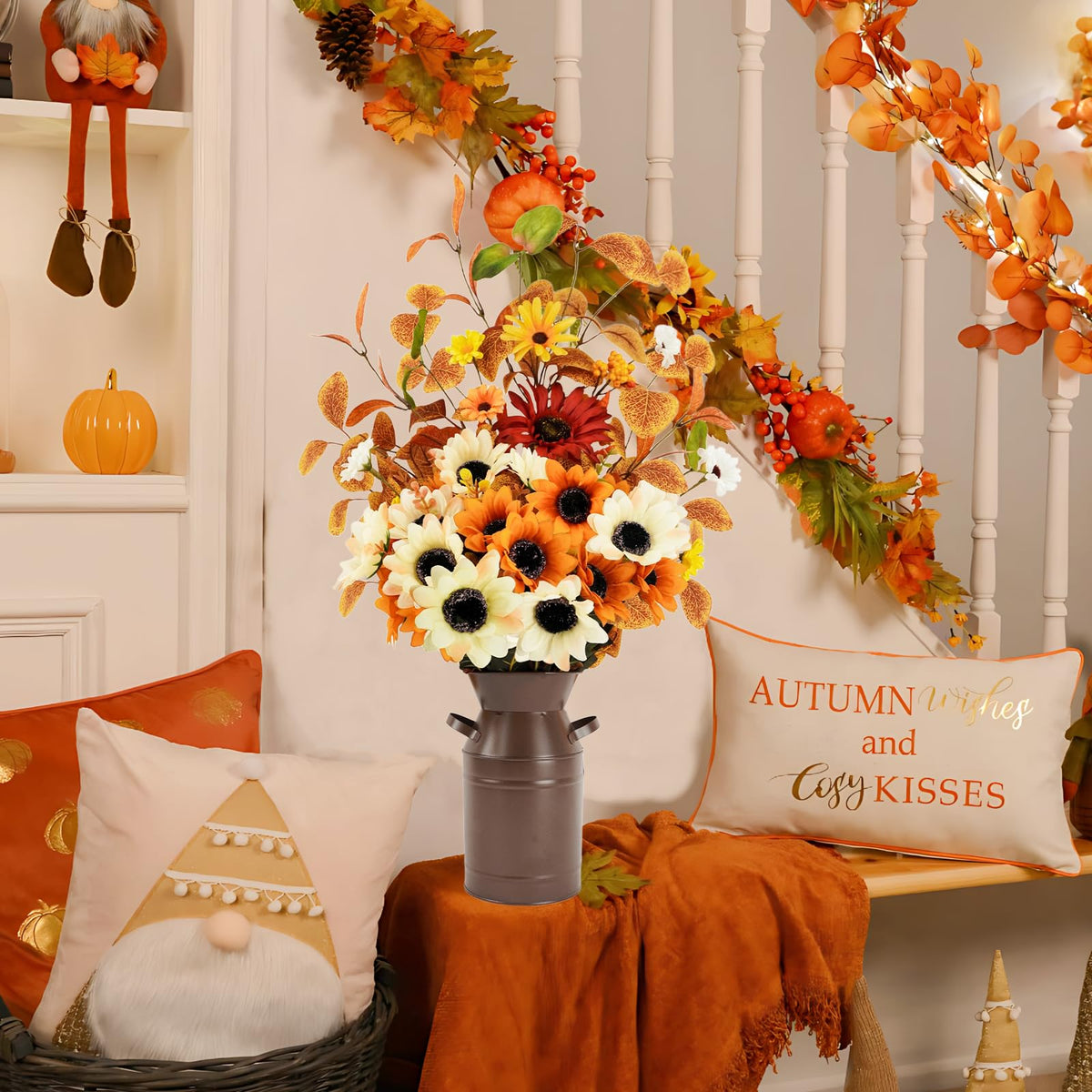 Obbsie Artificial Fall Flowers in Metal Pot, 22.5 Inch, Orange