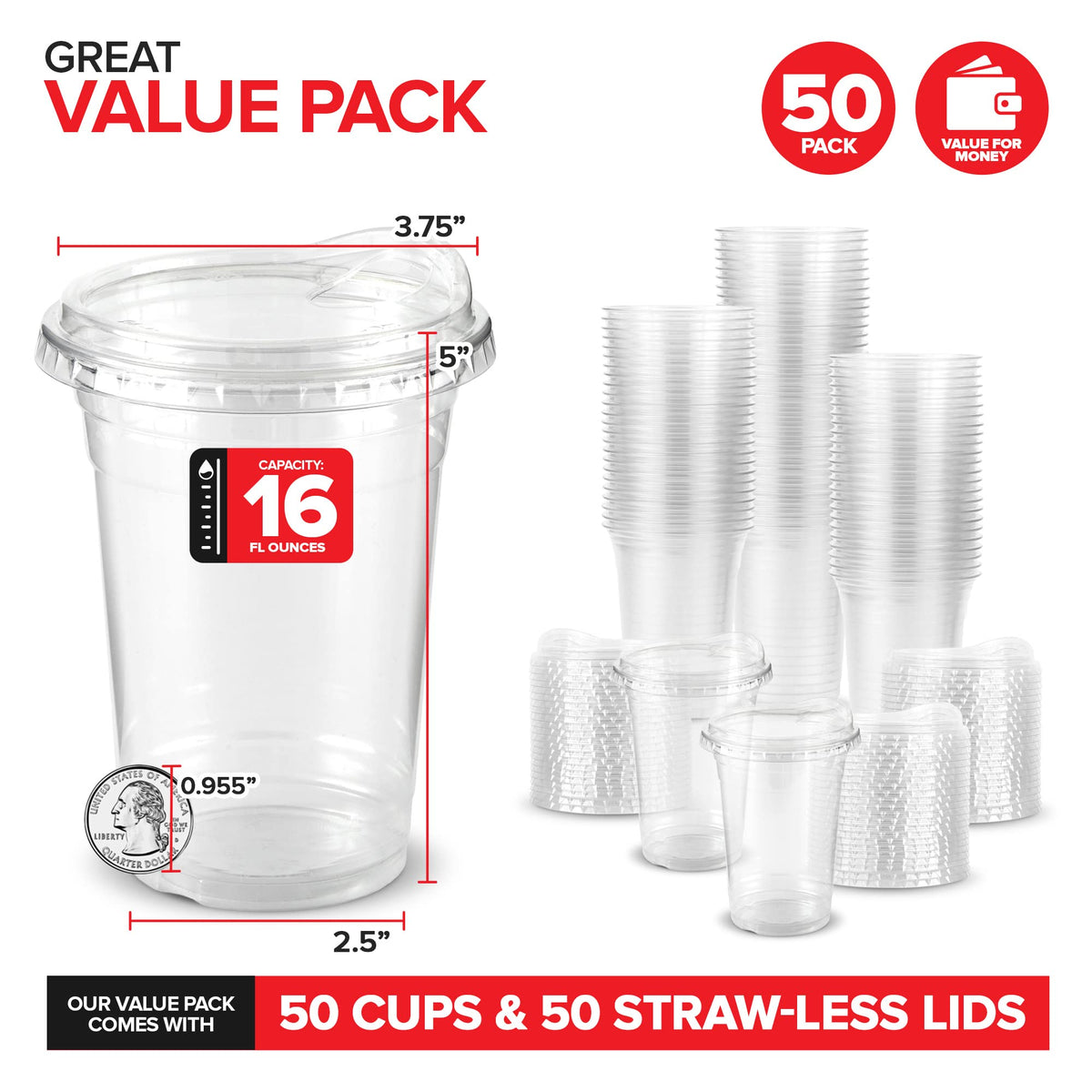 16 oz Clear Plastic Cups with Lids Disposable by Stock Your Home – 16 oz, 16.0 fluid_ounces, Plastic, Clear, Pack of 50