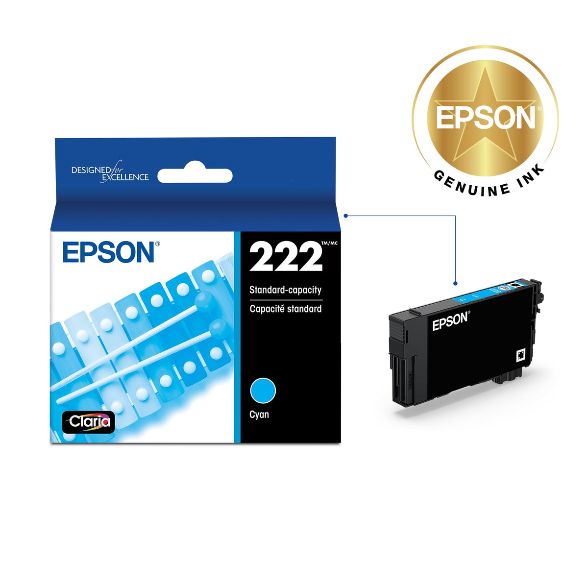 222 Genuine Ink Standard Capacity Cyan Cartridge T222220 (Pack of 2) by Epson – Standard Capacity (Pack of 2), Cyan, Pack of 2, Model T222220-S