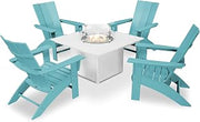 Polywood Modern Curveback Adirondack Chair 5-Piece Conversation Set with Fire Pit Table