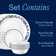 Old Town Blue 18-Piece Round Dinnerware Set by Corelle – 18-Piece Set, Glass, Old Town Blue, Pack of 18, Model 1153645