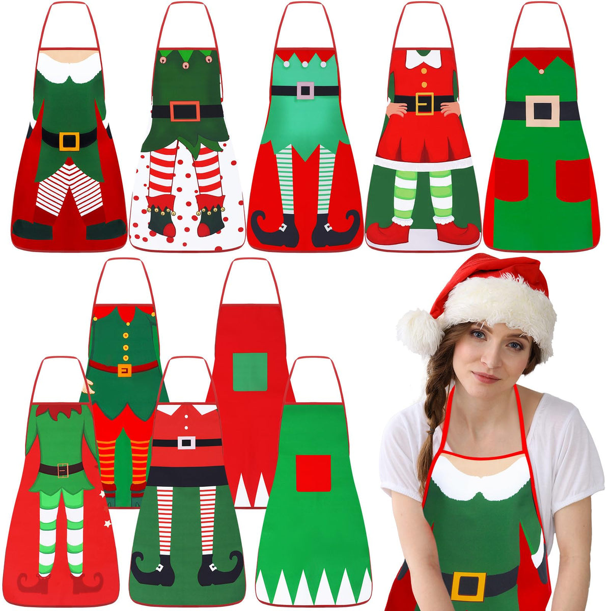 Toulite Christmas Elf Apron, Polyester, Green and Red, 10 Pack