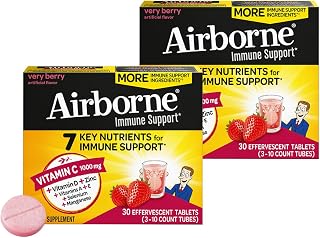 Airborne 1000mg Vitamin C with Vitamin D + Zinc Sugar Free Multivitamin Immune Support Effervescent Fizzy Drink Tablets, Very Berry Flavor with Powerful Antioxidants VIT A C & E, 30 Tablets (2 Pack)