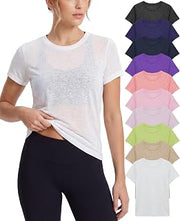 Women's Crew Short Sleeve Tops | Semi Sheer Slub Burnout Fabric Workout T Shirts | Multi Packs & Colors