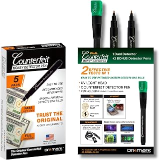 Dri Mark Counterfeit Money Detector Pen Bundle - 5 Pack Counterfeit Pen and Dual Test Bonus Pack