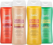 Suave Exfoliating Scrub + Wash Variety 4-Pack – Vanilla Suede, Strawberry Delight, Citrus Blossom & Pistachio Cream, Sulfate-Free Body Wash Set, 18 Oz Ea