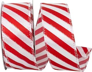 Reliant Ribbon Candy Cane Iridescent Stripe Value Wired Edge Ribbon, Red/White