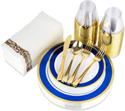 Blue and Gold Rim Plastic Dinnerware (200-Piece) Plastic Plates by Stock Your Home – 200-Piece, Plastic, Blue & Gold Dinner Set, Pack of 200, Model 3195