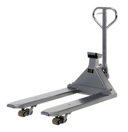 Stainless Steel Low Profile Pallet Truck with Scale 61-43/64 in. x 27 in. x 48-5/8 in. 5000 Lb. Capacity Silver by Vestil – 68"L x 27.5"W x 54"H, Model PM-2748-SCL-LP-SS