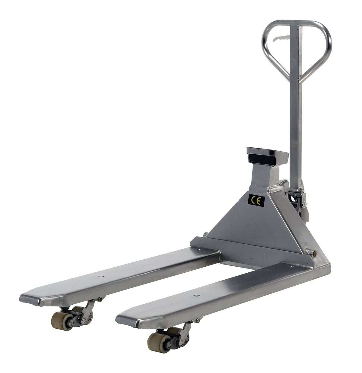 Stainless Steel Low Profile Pallet Truck with Scale 61-43/64 in. x 27 in. x 48-5/8 in. 5000 Lb. Capacity Silver by Vestil – 68"L x 27.5"W x 54"H, Model PM-2748-SCL-LP-SS