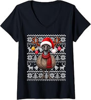 Women's Emu Xmas Ugly Sweaters Festive Santa Emu Bird Christmas V-Neck T-Shirt
