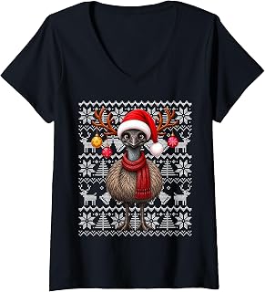 Women's Emu Xmas Ugly Sweaters Festive Santa Emu Bird Christmas V-Neck T-Shirt
