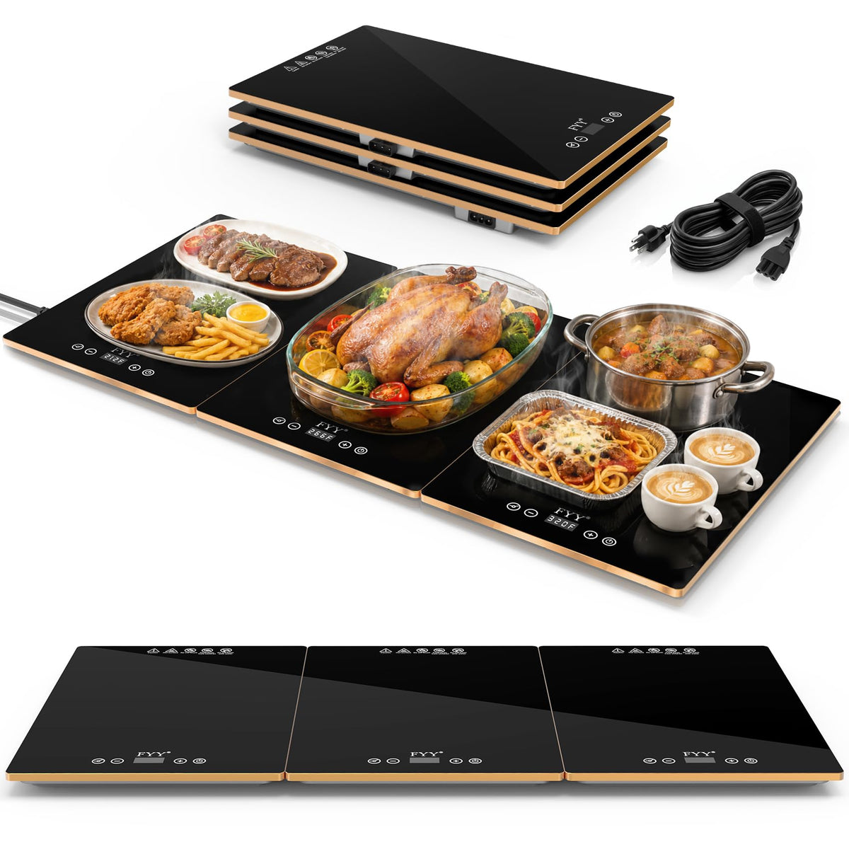 FYY Electric Warming Tray, 13 Temperature Settings, 3-Panel Black