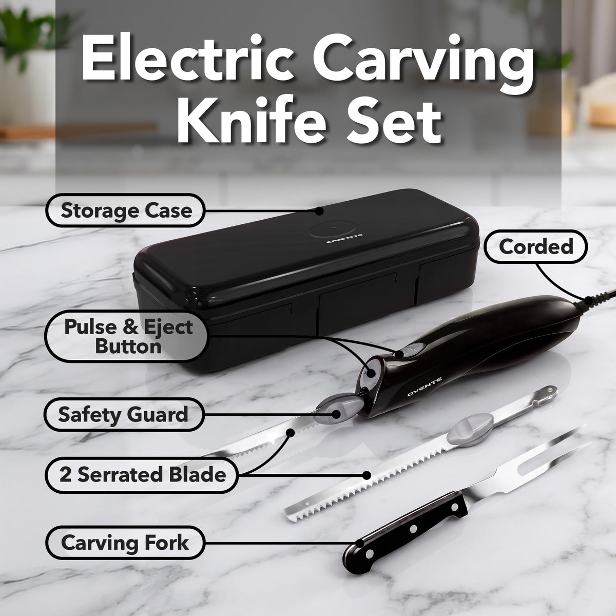 Ovente Electric Knife Set with Two Blades and Carving Fork, Black