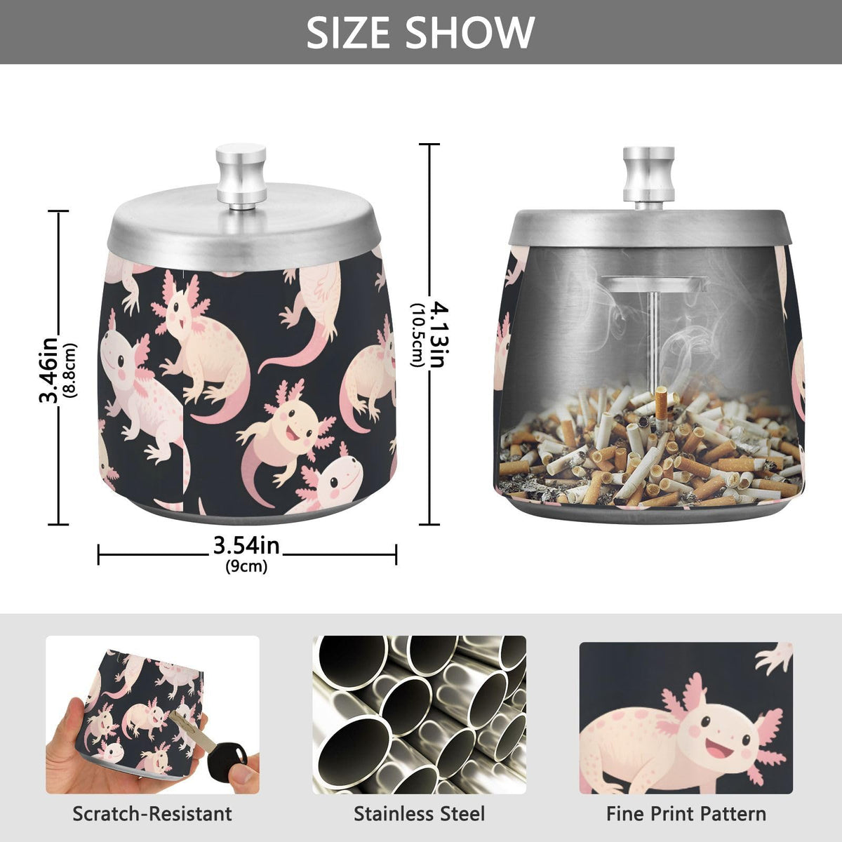 Axolotl Pattern Splash Ashtray with Lid by ALAZA – Stainless Steel, C2999, Model g541061958p1082c1149s2657