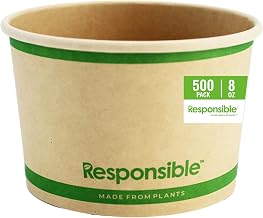 Responsible Products 8 oz Paper Food Containers, Tree-Less™ Compostable Food Containers, Extra Strength, Tree-Free and Made Without PFAS, Natural Brown (500 Count)