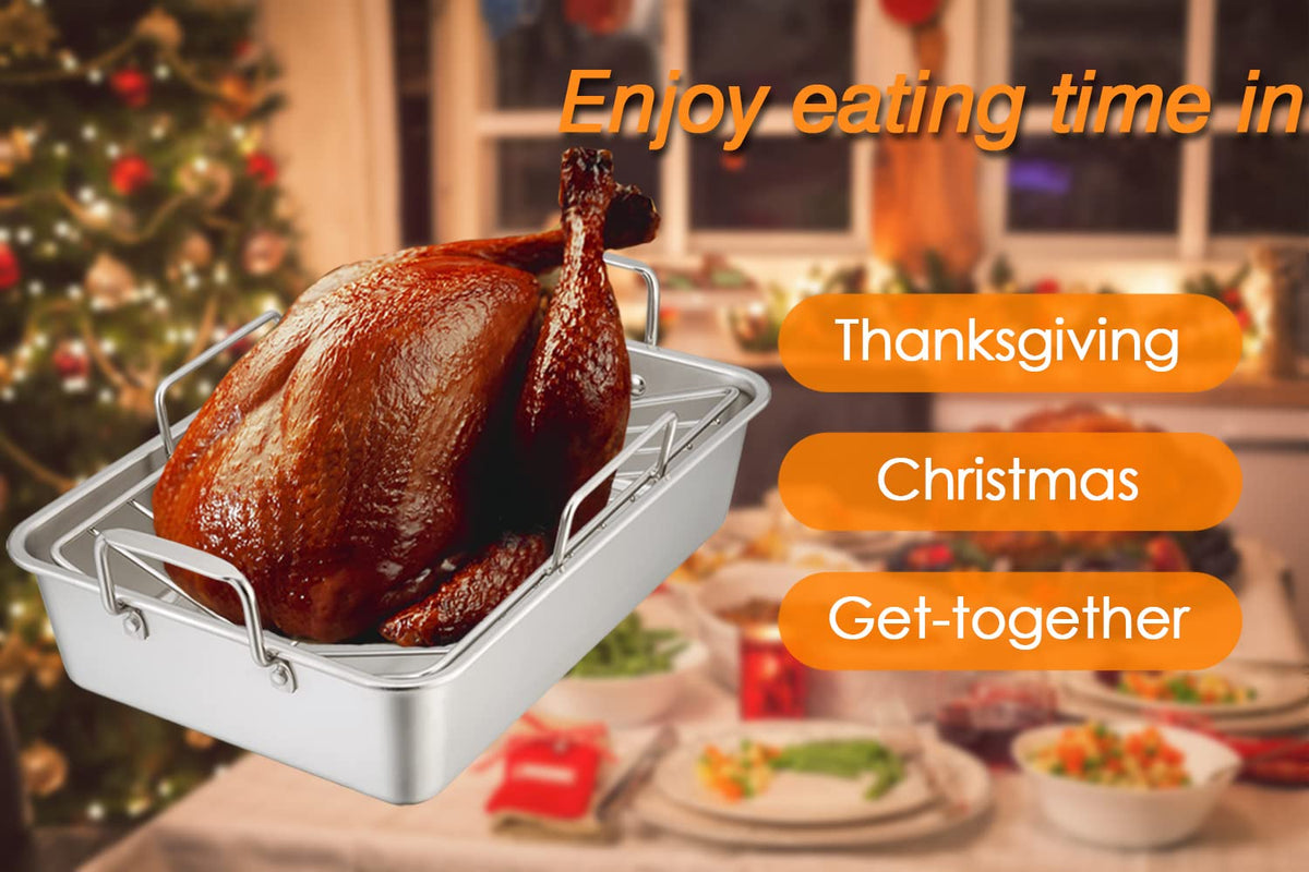 TeamFar Stainless Steel Roasting Pan with Rack, 16 Inch Large, Silver