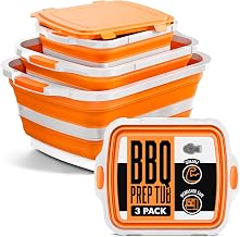 Modern Innovations Collapsible BBQ Prep Tubs, 3 Pack, Orange, Locking Lids | BBQ Marinating Tubs, Cutting Board Lids, Drain Spouts, Small Medium Large, Collapsible, Camping, Tailgating