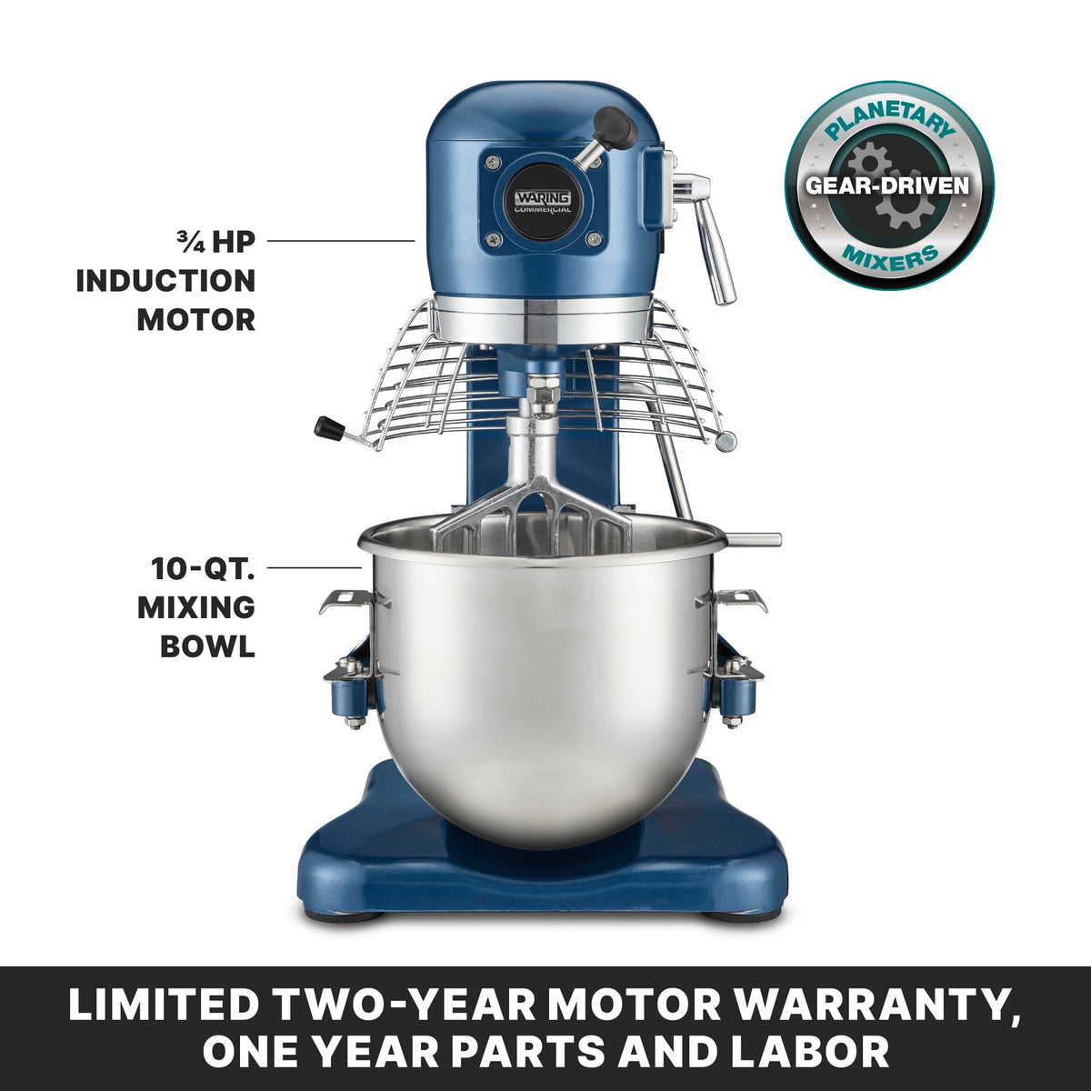 Commercial Luna 10 - 10- Quart Planetary Mixer by Waring – 10 Quart - 3/4 Horsepower, 10.0 quarts, Stainless Steel, Blue, Model WSM10L