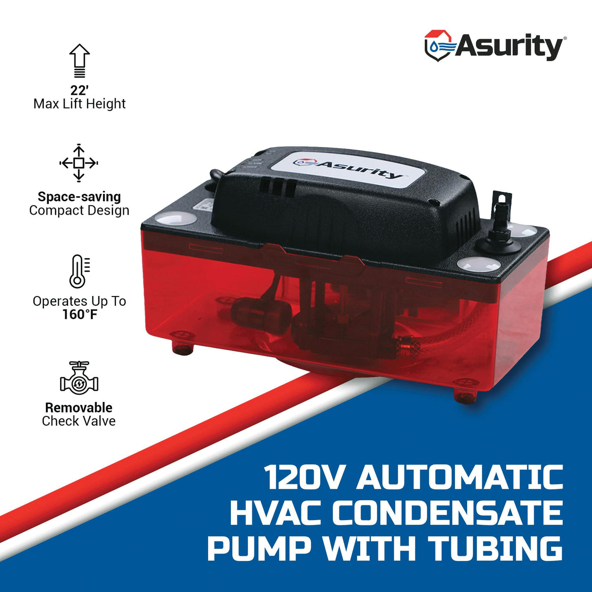 Asurity by ULTRACP-22T 120V Compact HVAC Condensate Pump with 20' of 3/8" Discharge Tubing and 22' Max Lift Height by Diversitech – 12-1/4X7-3/4X9 IN, Plastic, Model GID-SX-0463110