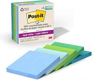 Post-it 100% Recycled Paper Super Sticky Notes, 2X The Sticking Power, 3x3 in, 5 Pads, 70 Sheets/Pad, Oasis Collection (Pack of 24)