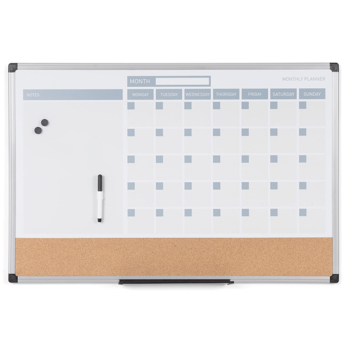 Magnetic Dry Erase Monthly Calendar Planner Push Pin Corkboard Combo with Marker Tray by MasterVision – 18"W x 24"H, Cork, White, Model MB3507186