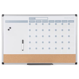 Magnetic Dry Erase Monthly Calendar Planner Push Pin Corkboard Combo with Marker Tray by MasterVision – 18"W x 24"H, Cork, White, Model MB3507186