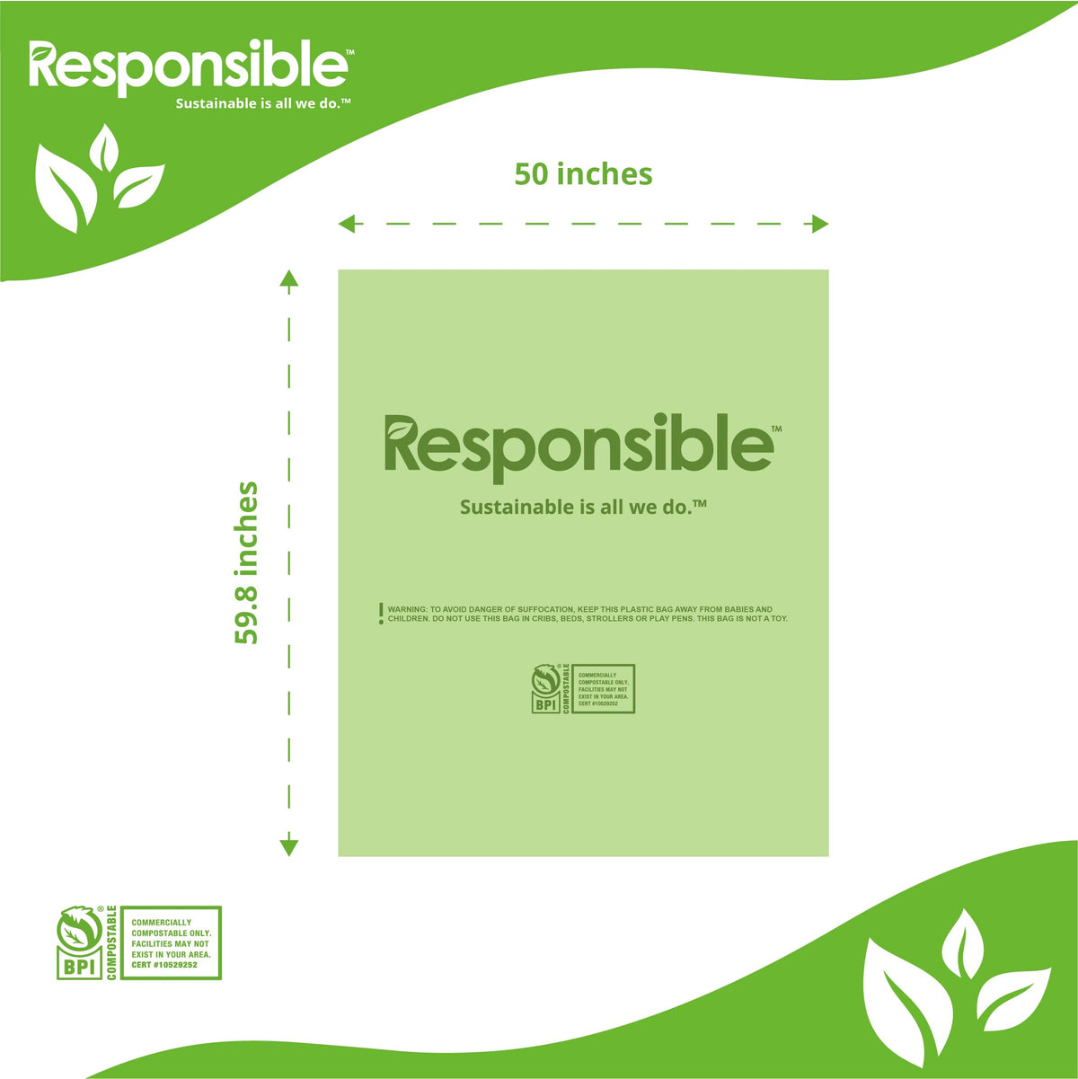 Compostable Tall Kitchen Trash Bags 64 Gallon - Heavy Duty Multipurpose Bin Liners for Food Scraps by Responsible Products – 1 Count (Pack of 120), Model RP-CKBAG64-120-120