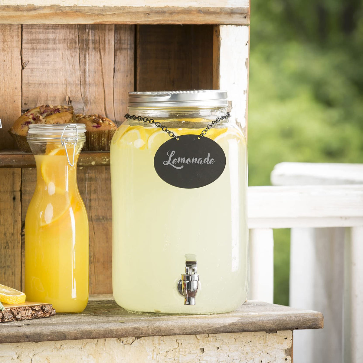 2 Gallon Mason Jar Glass Beverage Dispenser, 7.75" x 10.25" x 12.25", Includes Chrome Plated Faucet, Ice Corer, Infuser, Black Chalkboard Necklace, Ideal for Parties by Tablecraft