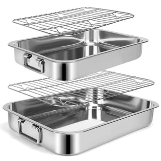 EsOfficce Stainless Steel Roasting Pan Set, 12.7 x 15.5 Inch, Silver with Racks